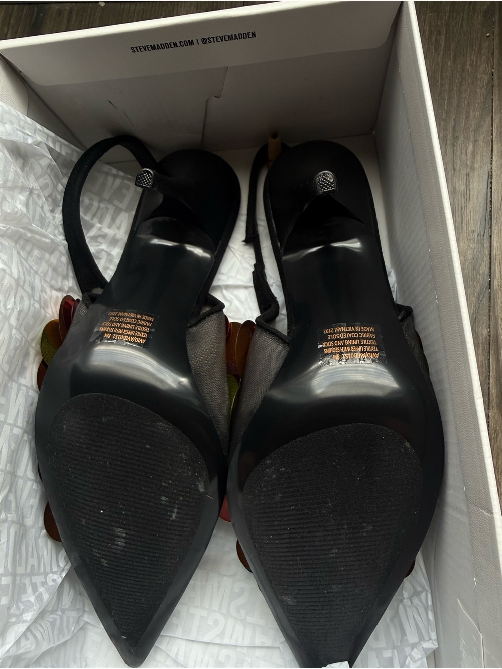 Steve Madden Black Pointed Slingbacks with Multicolor Sequin Discs - Picture 2 of 4